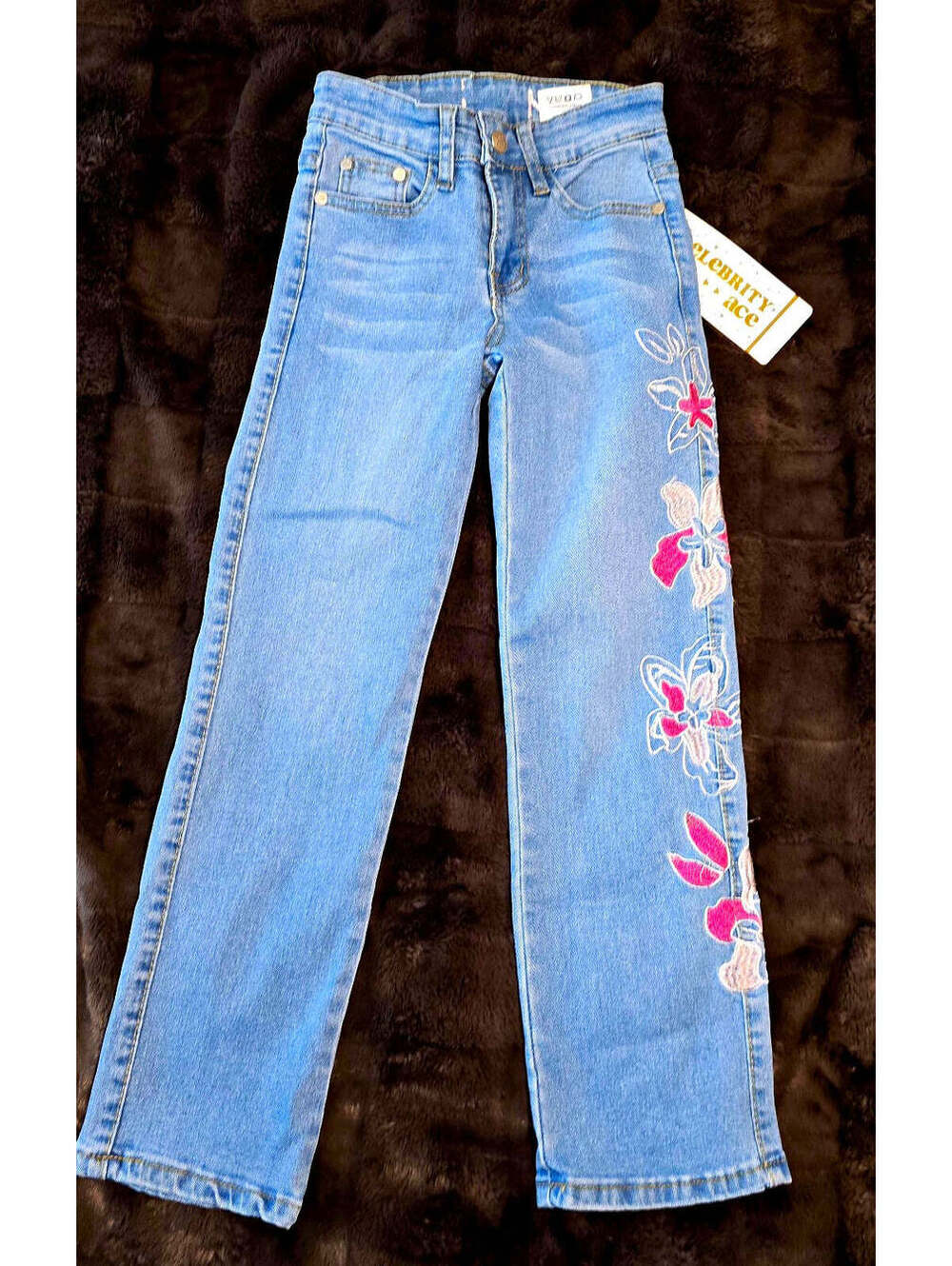GUESS Girls 8 Blue Straight Denim Jeans Stretch Floral Embroidered
